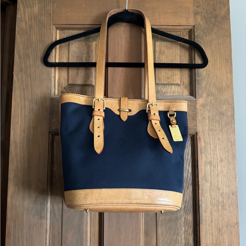 Vintage Dooney and Bourke Cabriolet Small Bucket Bag Canvas Leather Navy Blue